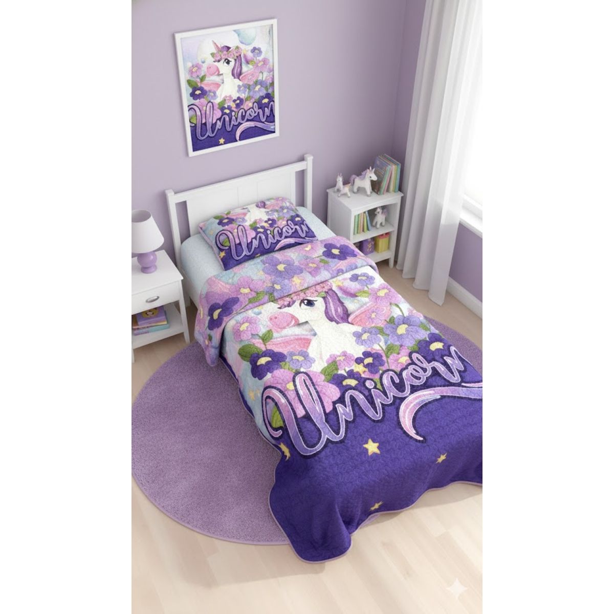 GENERICO - CUBRECAMA QUILT PARA NIÑA DELGADO DISEÑO UNICORNIO 1.5 PLAZA