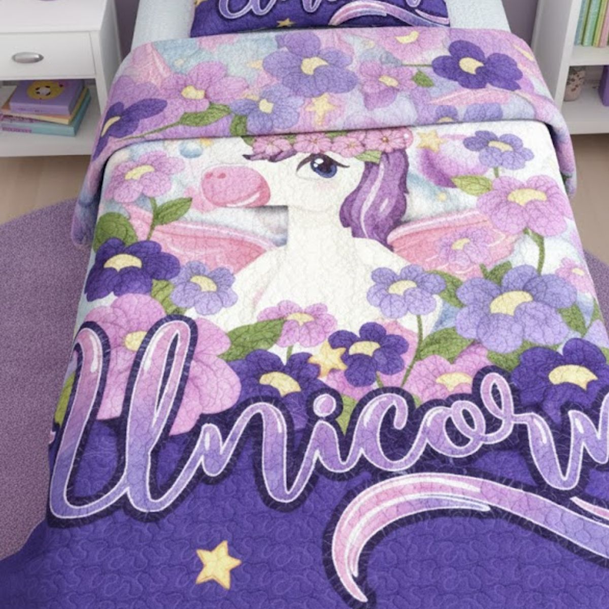 GENERICO - CUBRECAMA QUILT PARA NIÑA DELGADO DISEÑO UNICORNIO 1.5 PLAZA