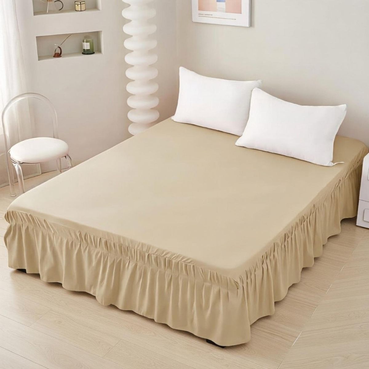 GENERICO - Faldón Para Cama 1.5 Plazas Elasticados Unicolor Poliéster - Beige - 1,5 Plazas