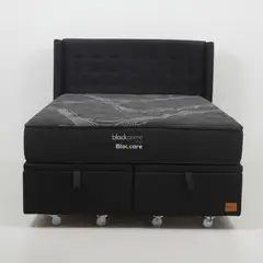 BLOCCARE - Cama Baul 2 Plaza L190 cm + Colchon Black Prime - Modelo Uno + Respaldo / Rueda Pyton (Negro)