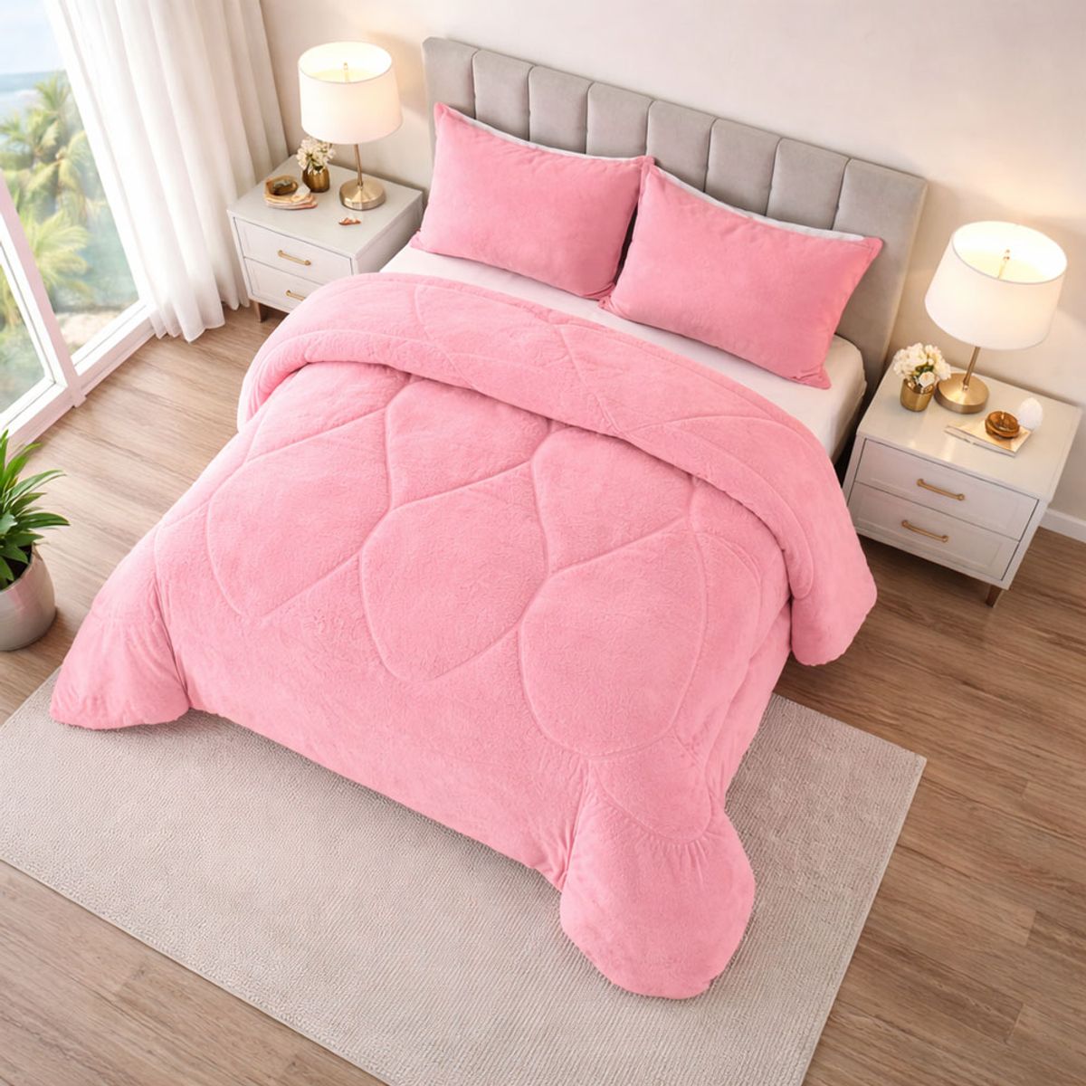 GENERICO - Cubrecama de Invierno con Chiporro 2 Plazas Plush Liso Rosa
