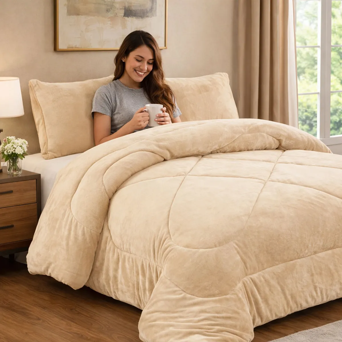 GENERICO - Cobertor con Chiporro 2 Plazas de Invierno Plush Liso Beige
