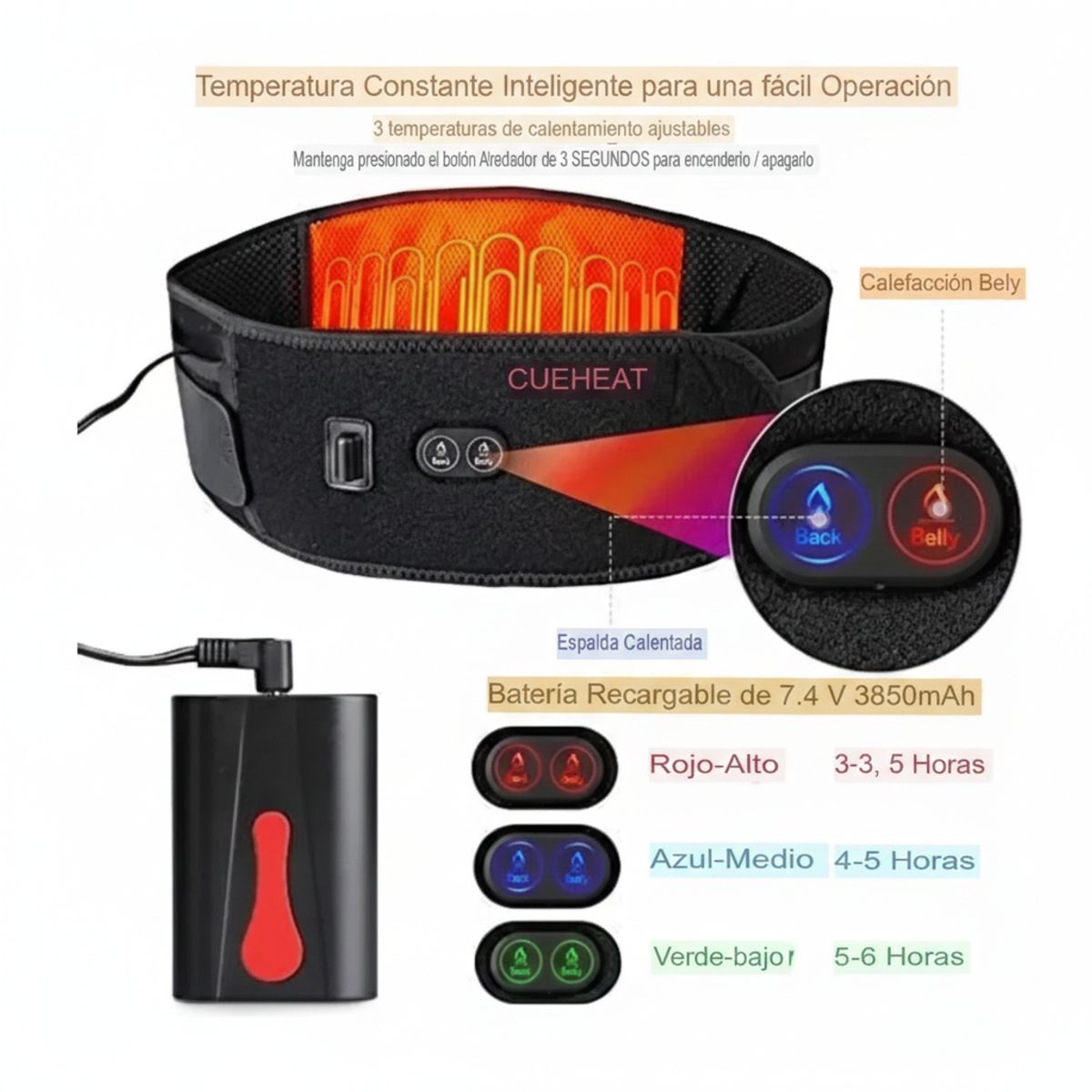 MOVI - FAJA LUMBAR CON 3 NIVELESD E CALOR Y BOLSILLO PARA PONER GEL FRIO