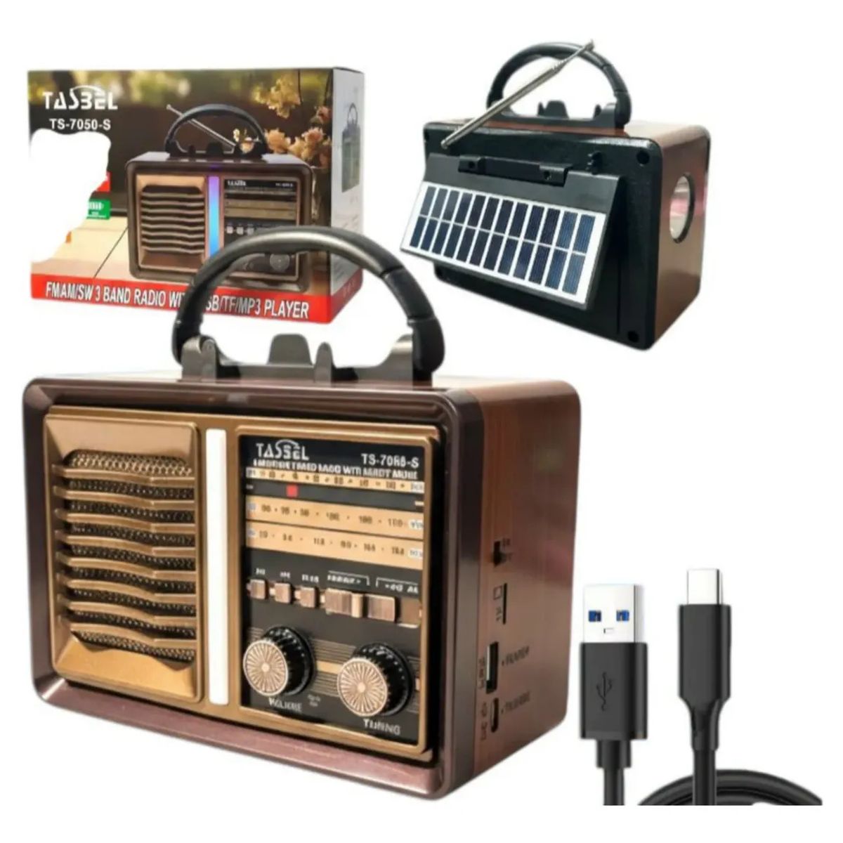 GENERICO - Radio Retro Bluetooth Solar Y Recargable Marrón