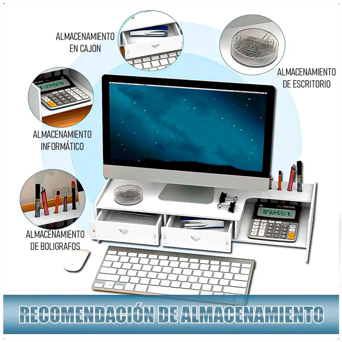 IRM - Soporte Elevador Para Monitor Organizador de Escritorio Con Cajones Multifuncion Mdf