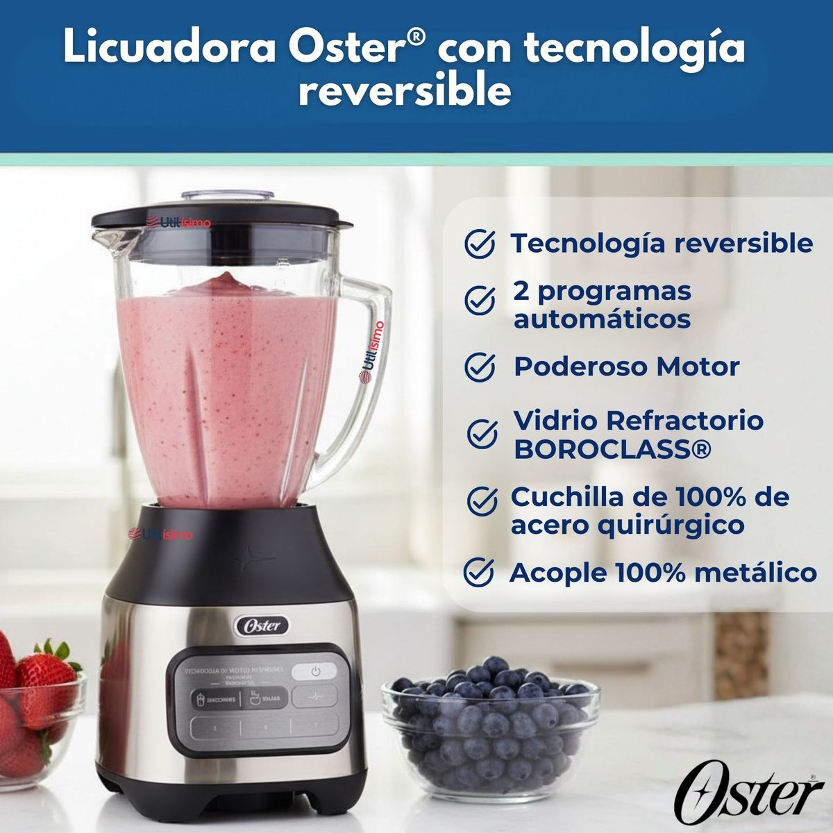 OSTER - Licuadora Oster® con tecnología reversible, 2 programas automáticos y 3 velocidades más pulso