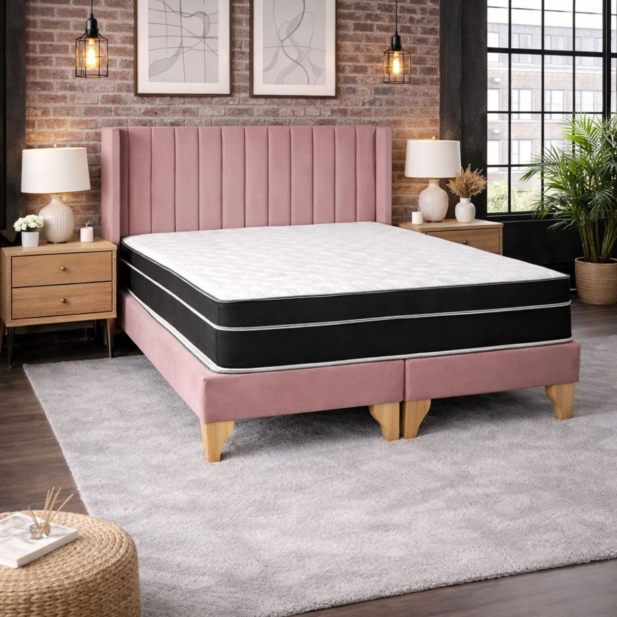 GENERICO - Cama 2 Plazas, Felpa rosa palo con Respaldo + Colchón Híbrido Bonnell y Pillow Top - Base de Pino