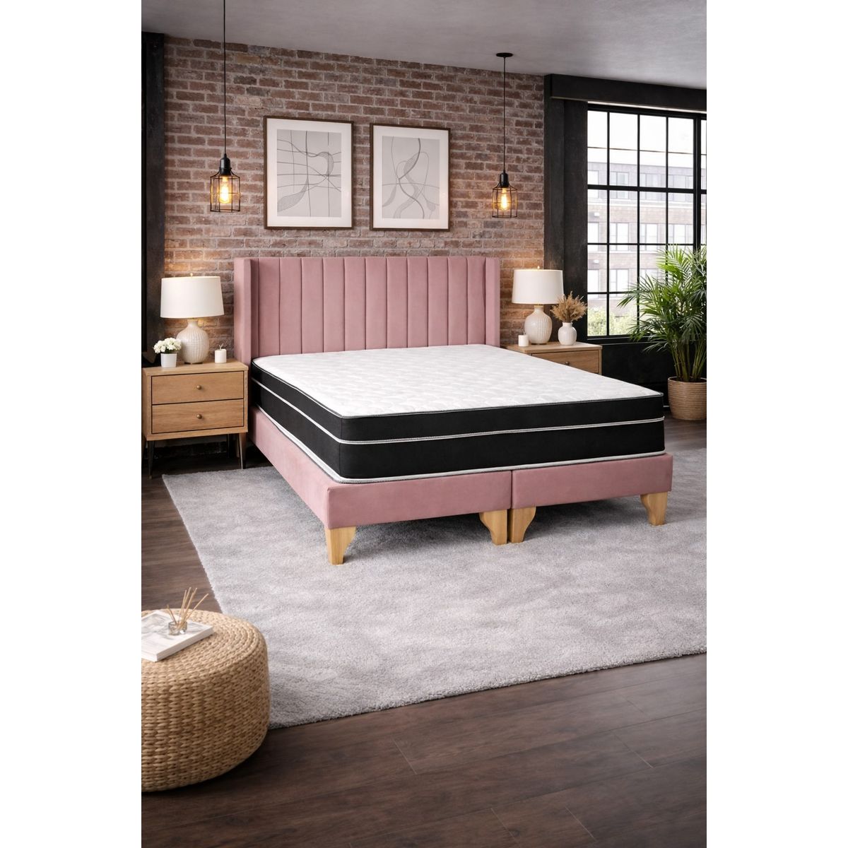 GENERICO - Cama 2 Plazas, Felpa rosa palo con Respaldo + Colchón Híbrido Bonnell y Pillow Top - Base de Pino