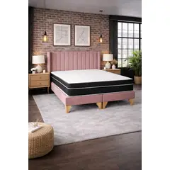 GENERICO - Cama 2 Plazas, Felpa rosa palo con Respaldo + Colchón Híbrido Bonnell y Pillow Top - Base de Pino