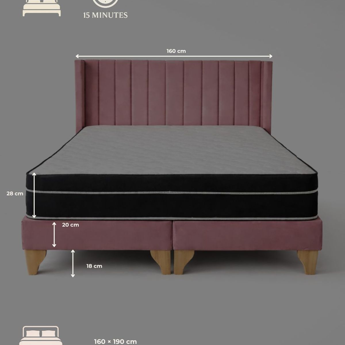 GENERICO - Cama 2 Plazas, Felpa rosa palo con Respaldo + Colchón Híbrido Bonnell y Pillow Top - Base de Pino