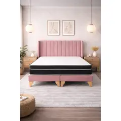 GENERICO - Cama 2 Plazas, Felpa Rosa Palo con Respaldo + Colchón Híbrido Bonnell y Pillow Top - Base de Pino