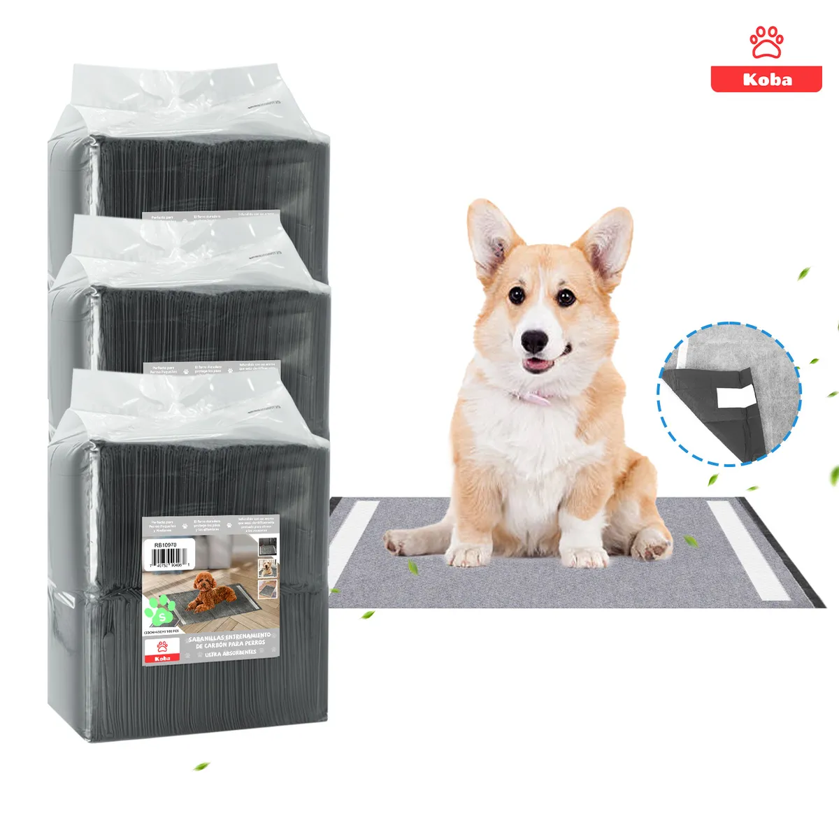 KOBA - 300 Pañales Para Perro Sabanillas Entrenamiento De Carbón 33x45cm