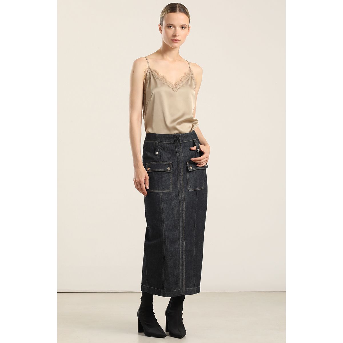 LIOLA - Falda Midi, Cintura Alta, Indigo Liola
