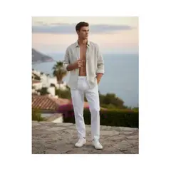 LOOK SHOP - Pantalón Lino Hombre, Corte Recto, Pretina Elásticada 7141