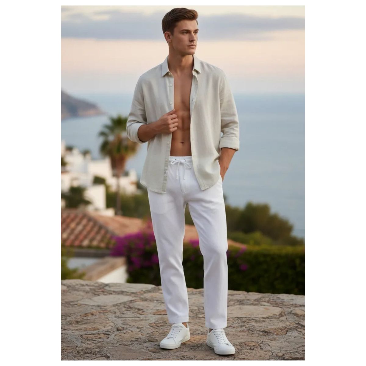 LOOK SHOP - Pantalón Lino Hombre, Corte Recto, Pretina Elásticada 7141