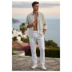 LOOK SHOP - Pantalón Lino Hombre, Corte Recto, Pretina Elásticada 7141