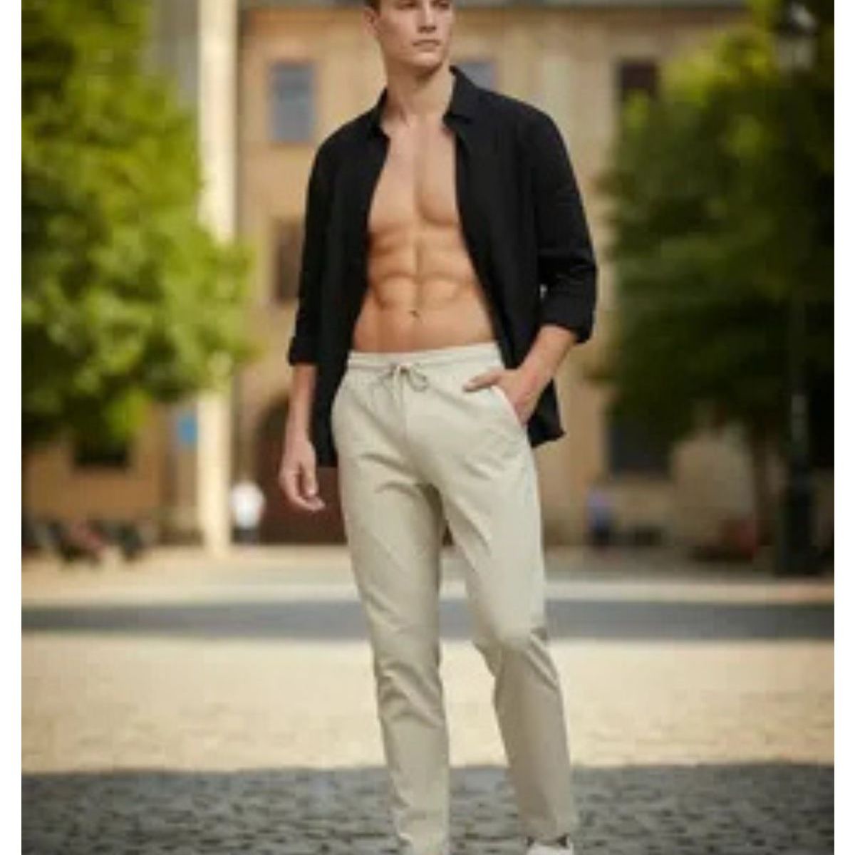 LOOK SHOP - Pantalón Lino Hombre, Corte Recto, Pretina Elásticada 7141