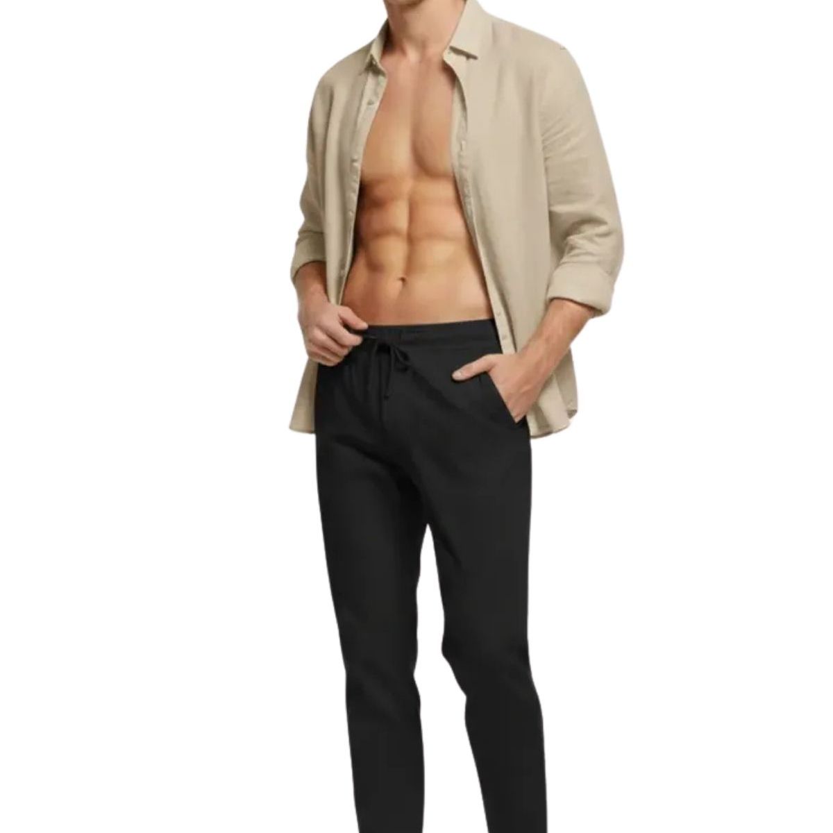 LOOK SHOP - Pantalón Lino Hombre, Corte Recto, Pretina Elásticada 7141