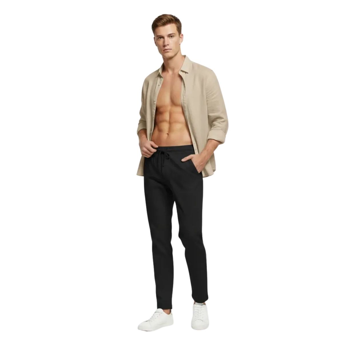LOOK SHOP - Pantalón Lino Hombre, Corte Recto, Pretina Elásticada 7141