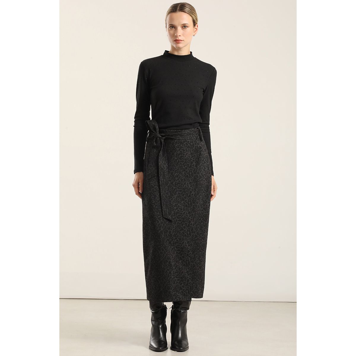 LIOLA - Falda Midi Animal Print, Negro Liola
