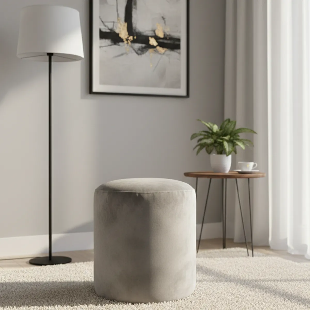 MUEBLES NEW - PUFF REDONDO GRIS FELPA