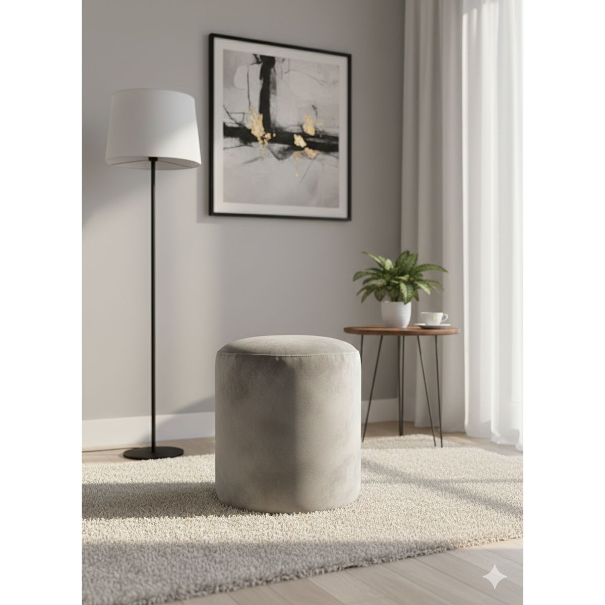 MUEBLES NEW - PUFF REDONDO GRIS FELPA