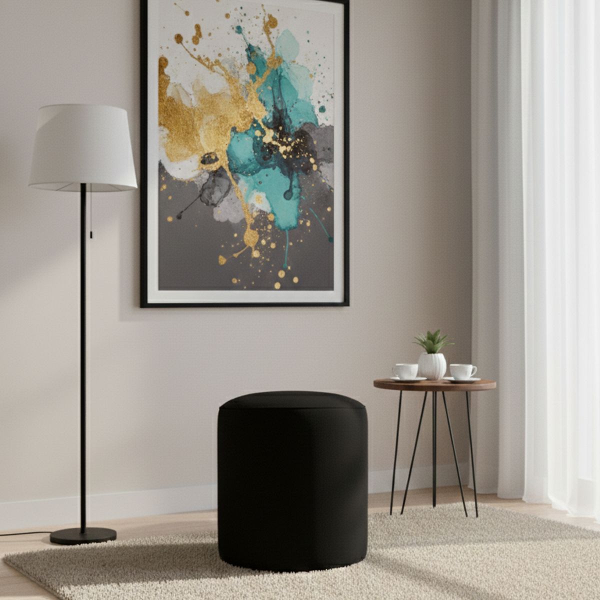 MUEBLES NEW - PUFF REDONDO NEGRO FELPA