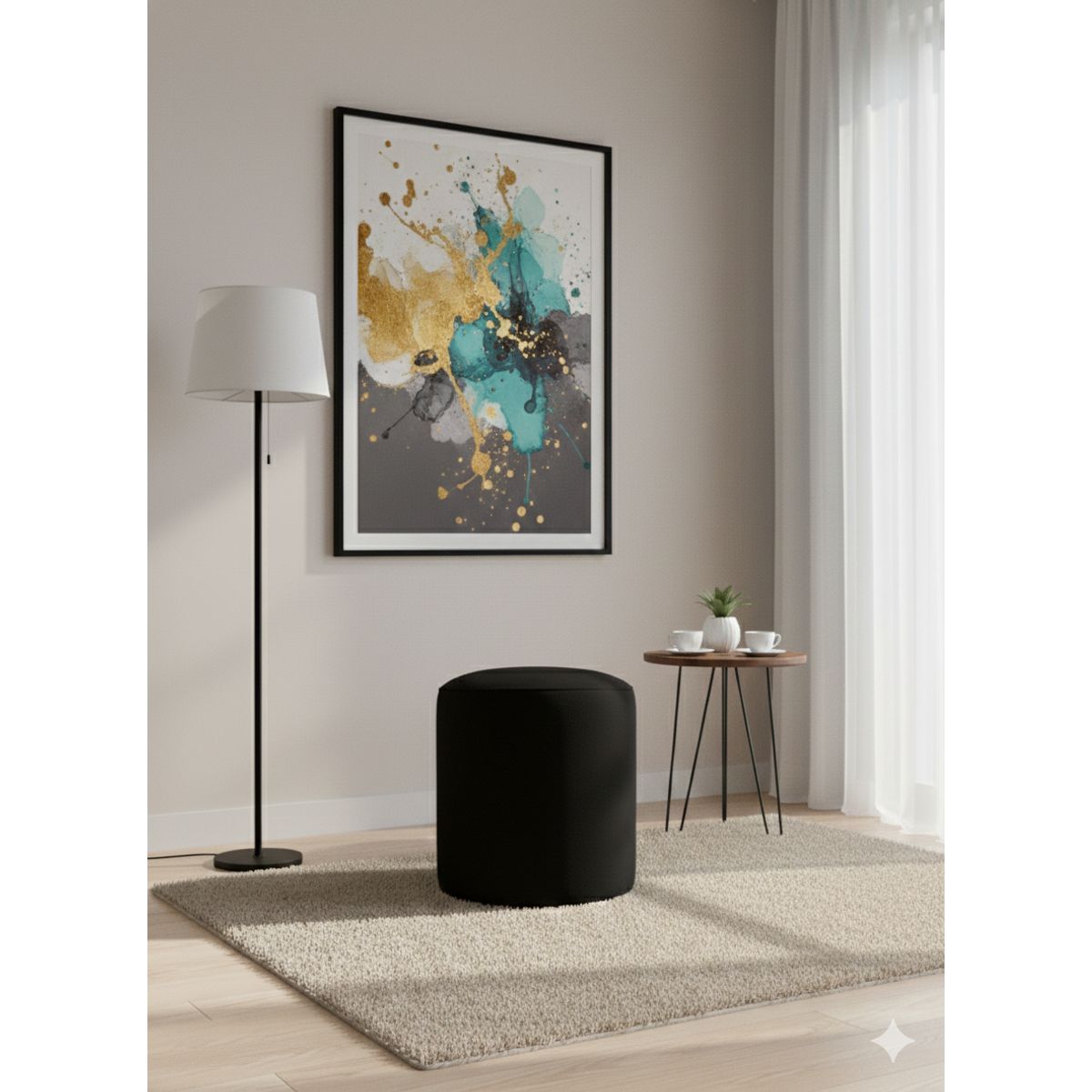 MUEBLES NEW - PUFF REDONDO NEGRO FELPA