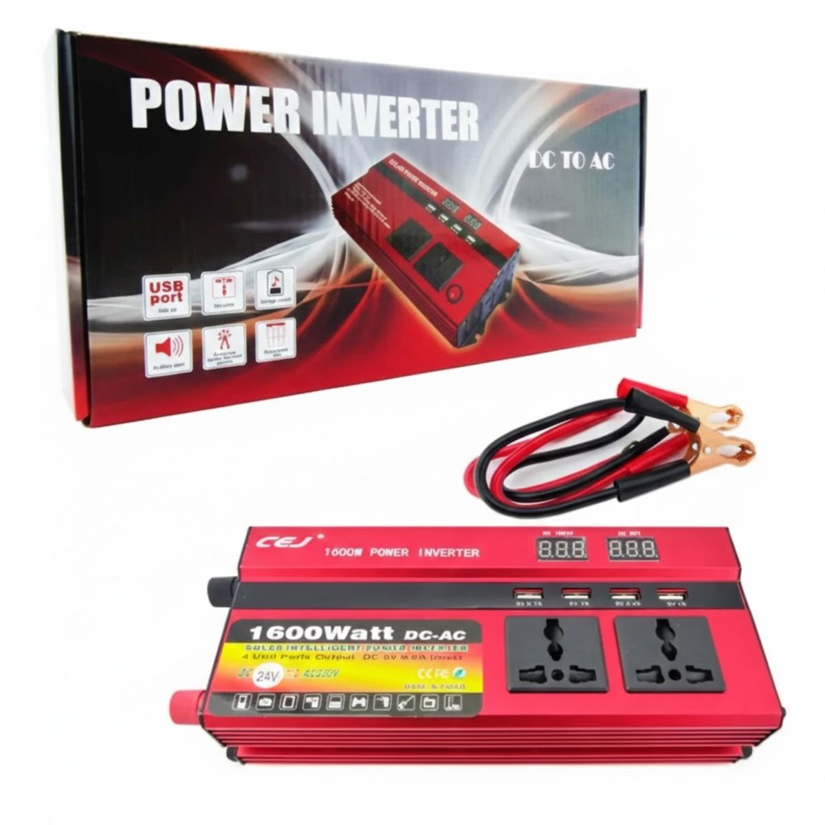 GENERICO - Inversor De Voltaje 24 Volt A 220 Volt Con 4 Usb Y 3 Tomas 1.600 Watt
