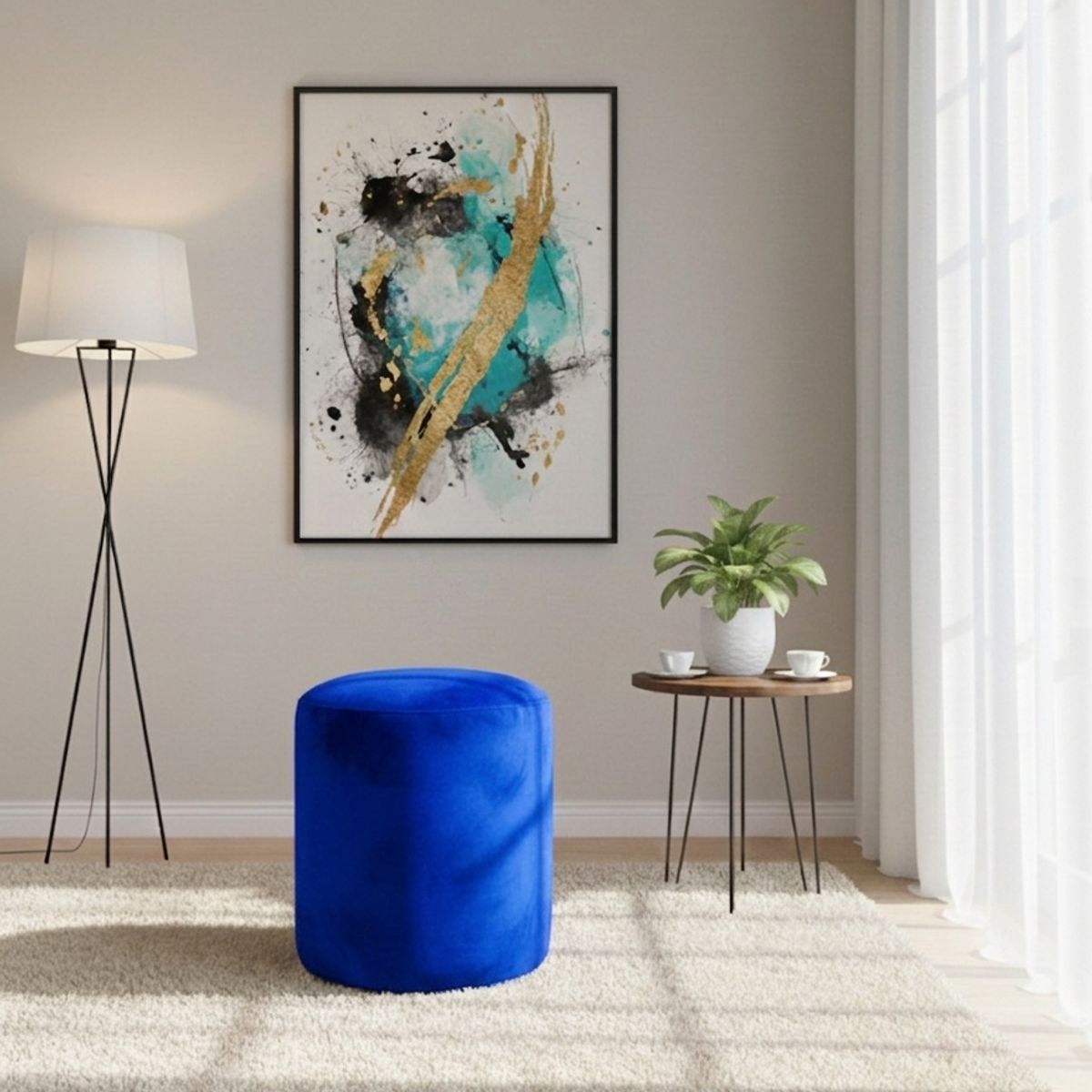 MUEBLES NEW - PUFF REDONDO AZUL FELPA