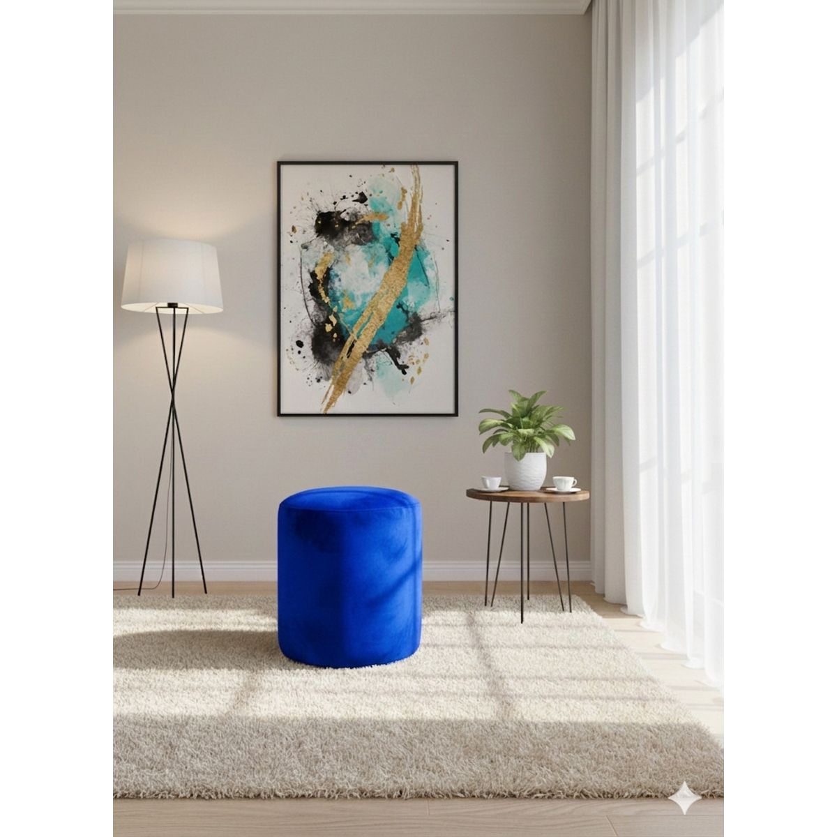 MUEBLES NEW - PUFF REDONDO AZUL FELPA