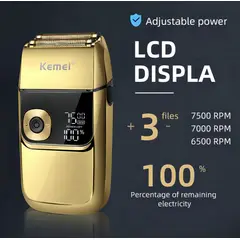 KEMEI - Afeitadora Inalámbrica KM-2028 Dorada Carga USB Metal Premium