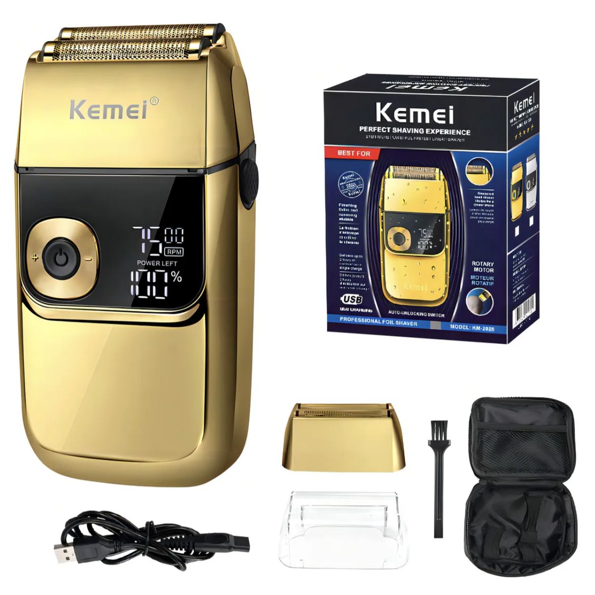 KEMEI - Afeitadora Inalámbrica Kemei KM-2028 Dorada Carga USB Metal Premium