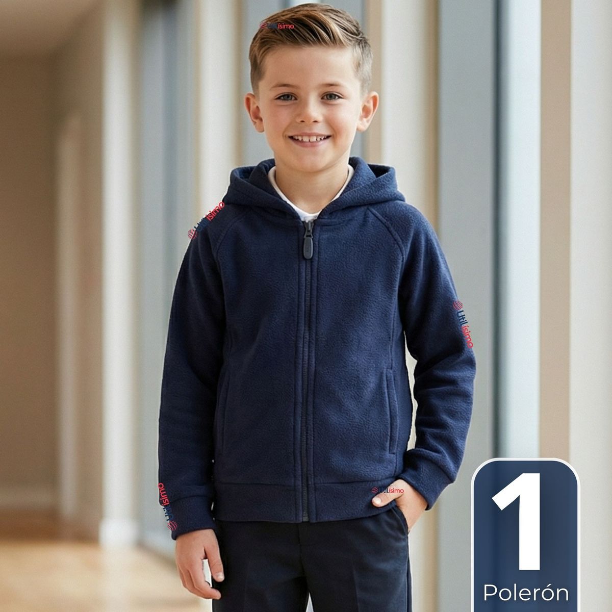 UTILISIMO - Polerón Escolar Polar Con Capucha Niño Unisex Azul 5 a 12 años