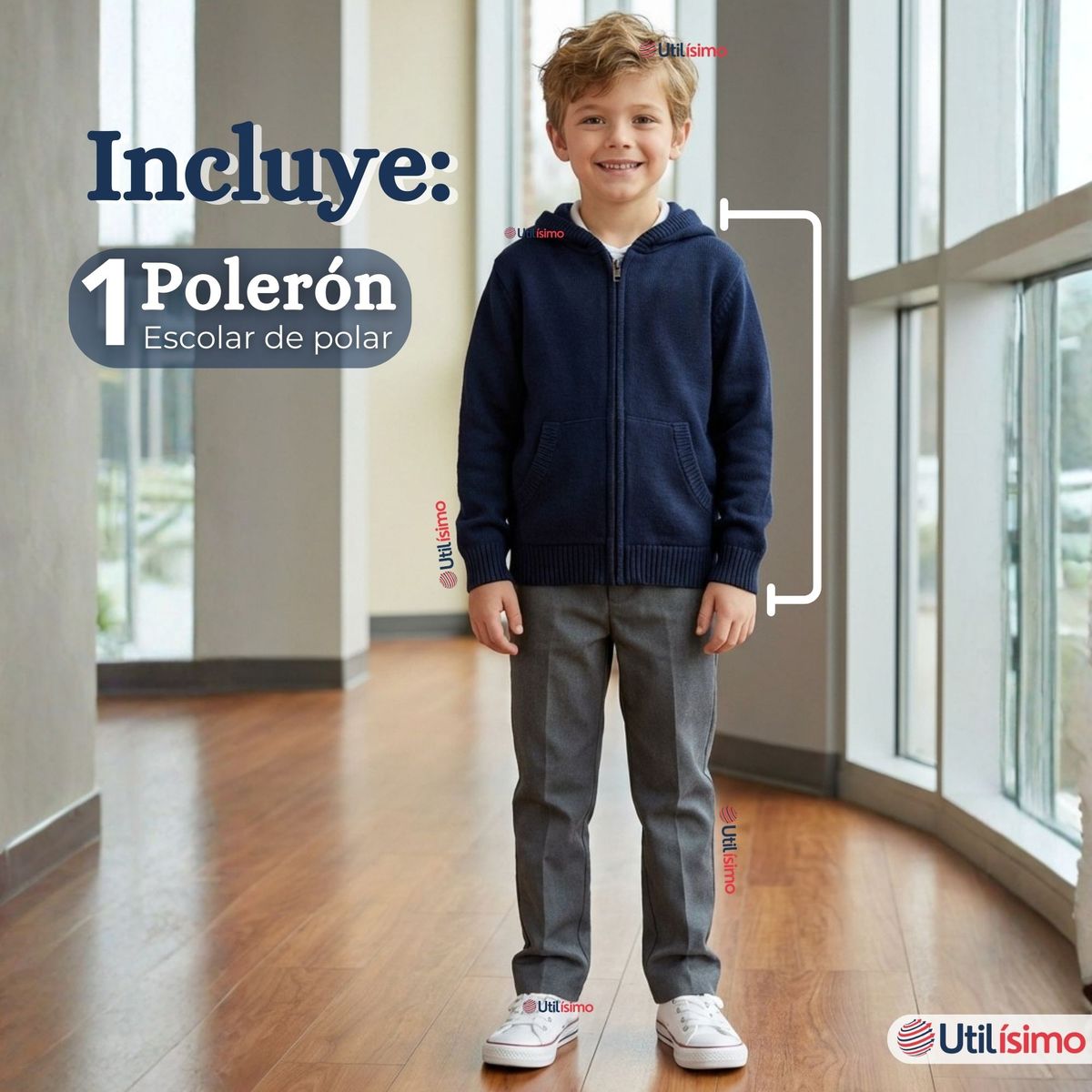UTILISIMO - Polerón Escolar Polar Con Capucha Niño Unisex Azul 5 a 12 años