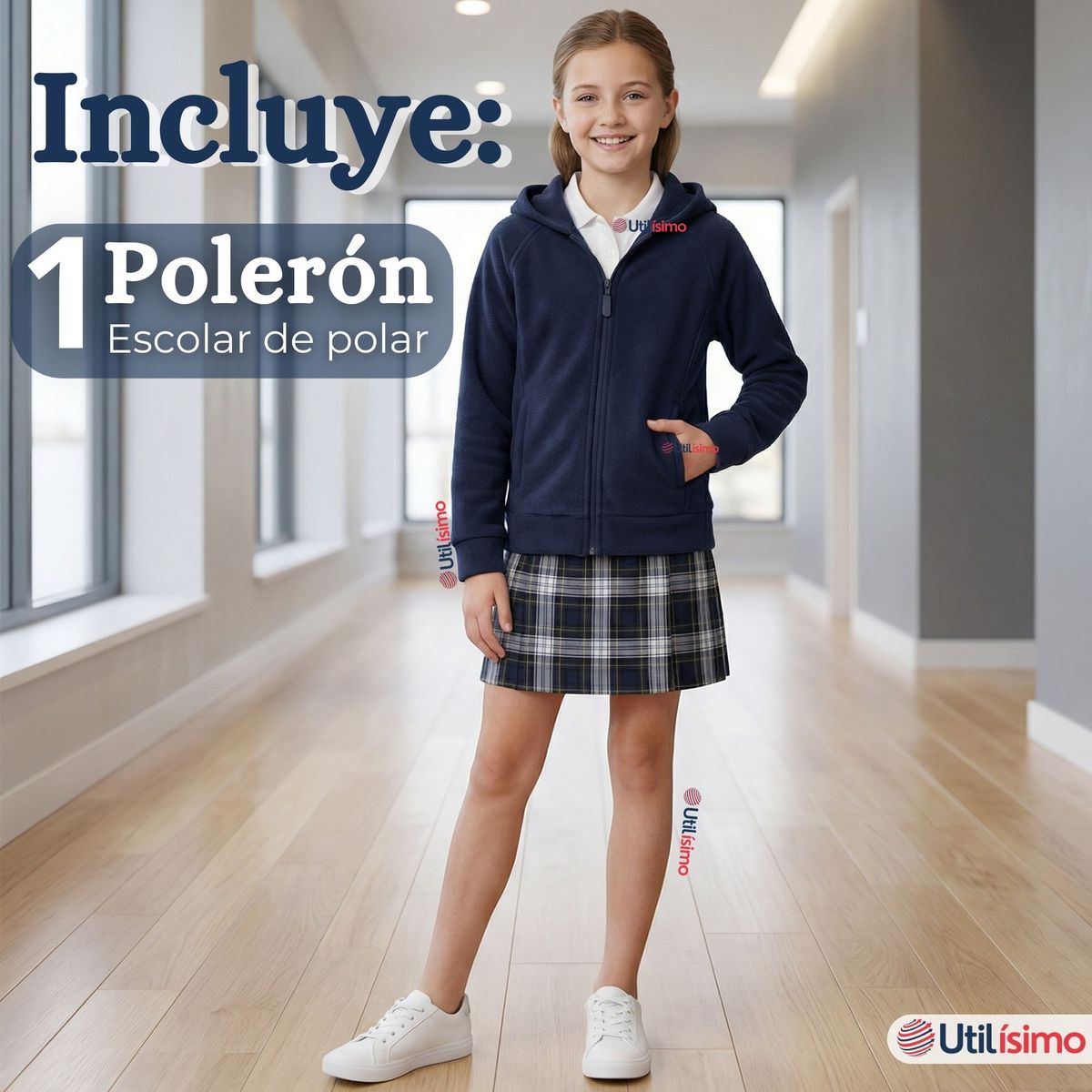 UTILISIMO - Polerón Escolar Polar Con Capucha Niña Unisex Azul 5 a 12 años
