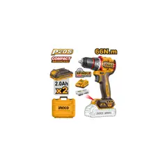 INGCO - Taladro Atornillador Inalámbrico 20V Brushless + 2 Baterías y Cargador CDLI20668
