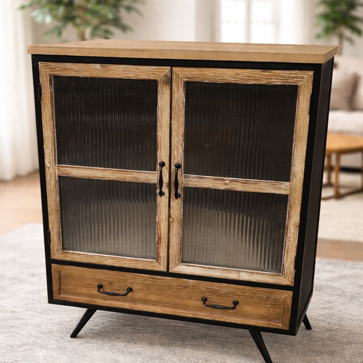 GENERICO - Vitrina Rústica Industrial Con Puertas De Vidrio Acanalado Beige
