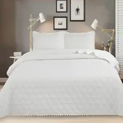 GENERICO - Quilt De Verano 2 Plazas En Algodón Con Pompones+ 2 Fundas - Blanco - 2 Plazas