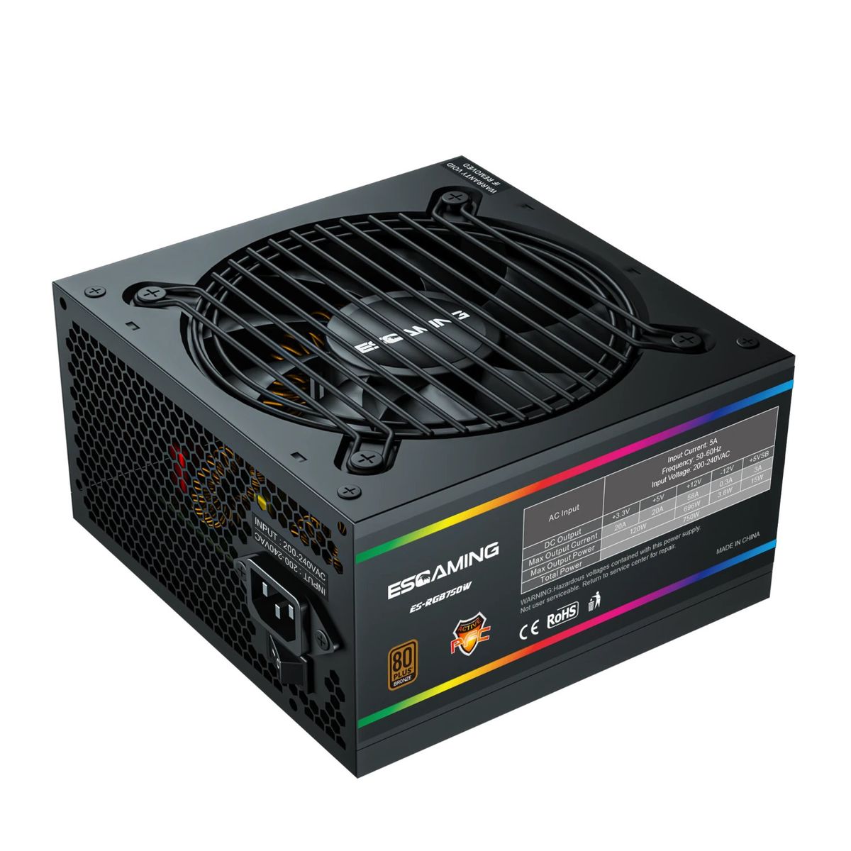 GENERICO - Fuente de Poder - Certificada  EsGaming ES-RGB750W 80 Bronze