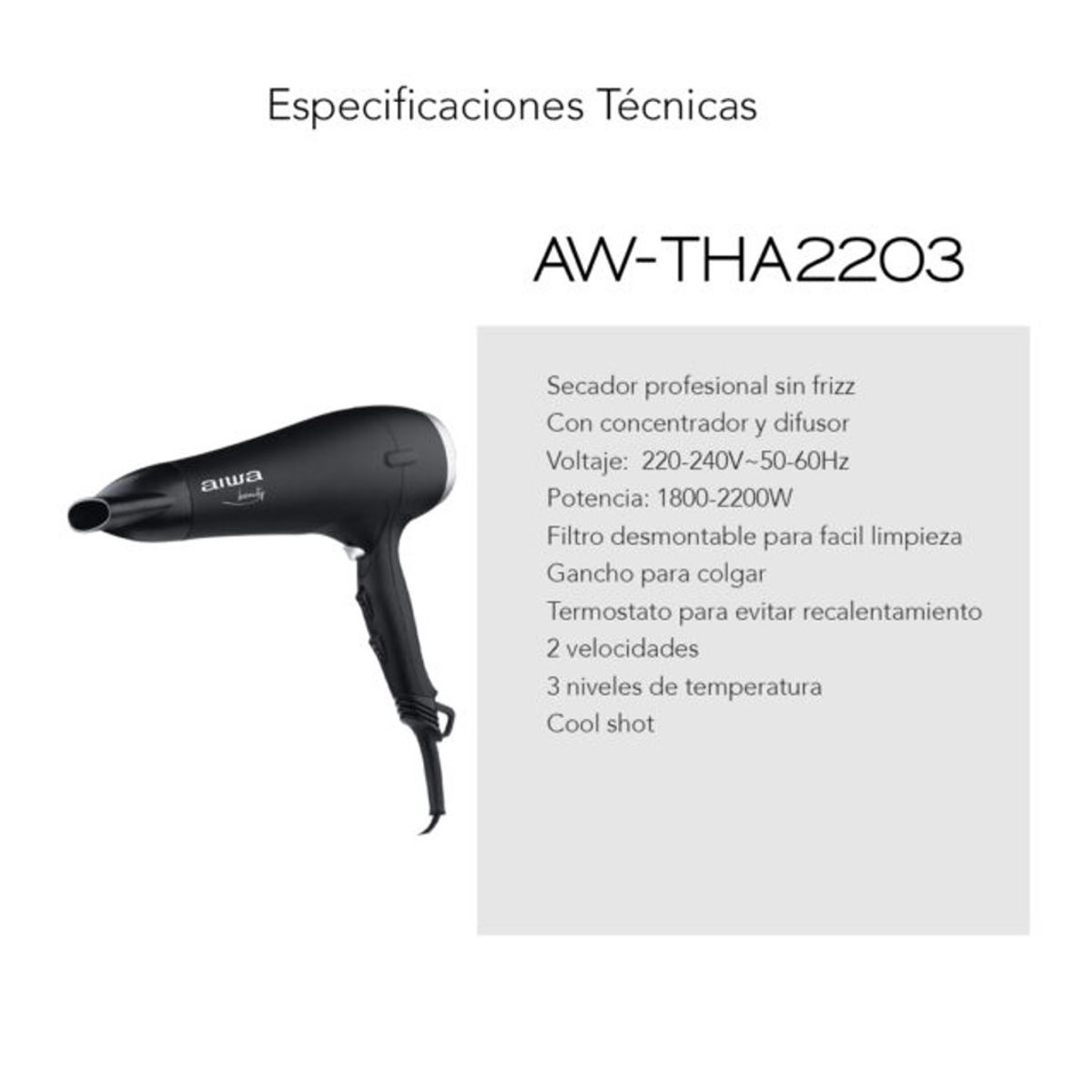 AIWA - SECADOR DE PELO PROFESIONAL SIN FRIZZ 2200W