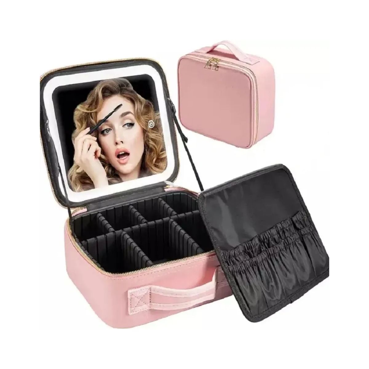 GENERICO - Maleta De Maquillaje Con Espejo Luz Led Organizador Cosmetiquero Rosado