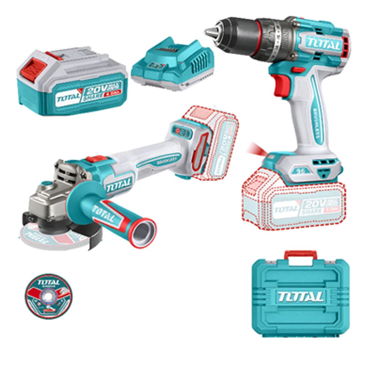 TOTAL TOOLS - Galletera Esmeril Angular+ Taladro 96nm 20v 2bat+ Carg Total TOSLI241298