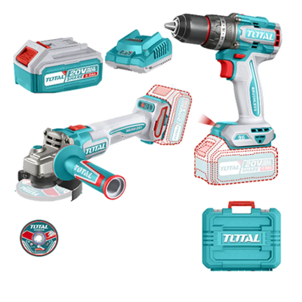 TOTAL TOOLS - Galletera Esmeril Angular+ Taladro 96nm 20v 2bat+ Carg Total TOSLI241298