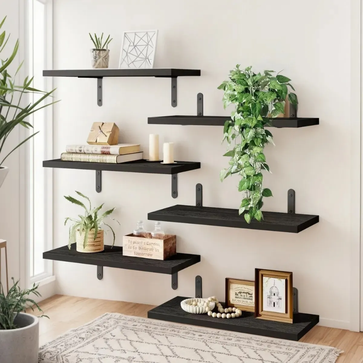 RIOVEO - Repisas Flotantes De Madera Modernas Kit X6 Negro