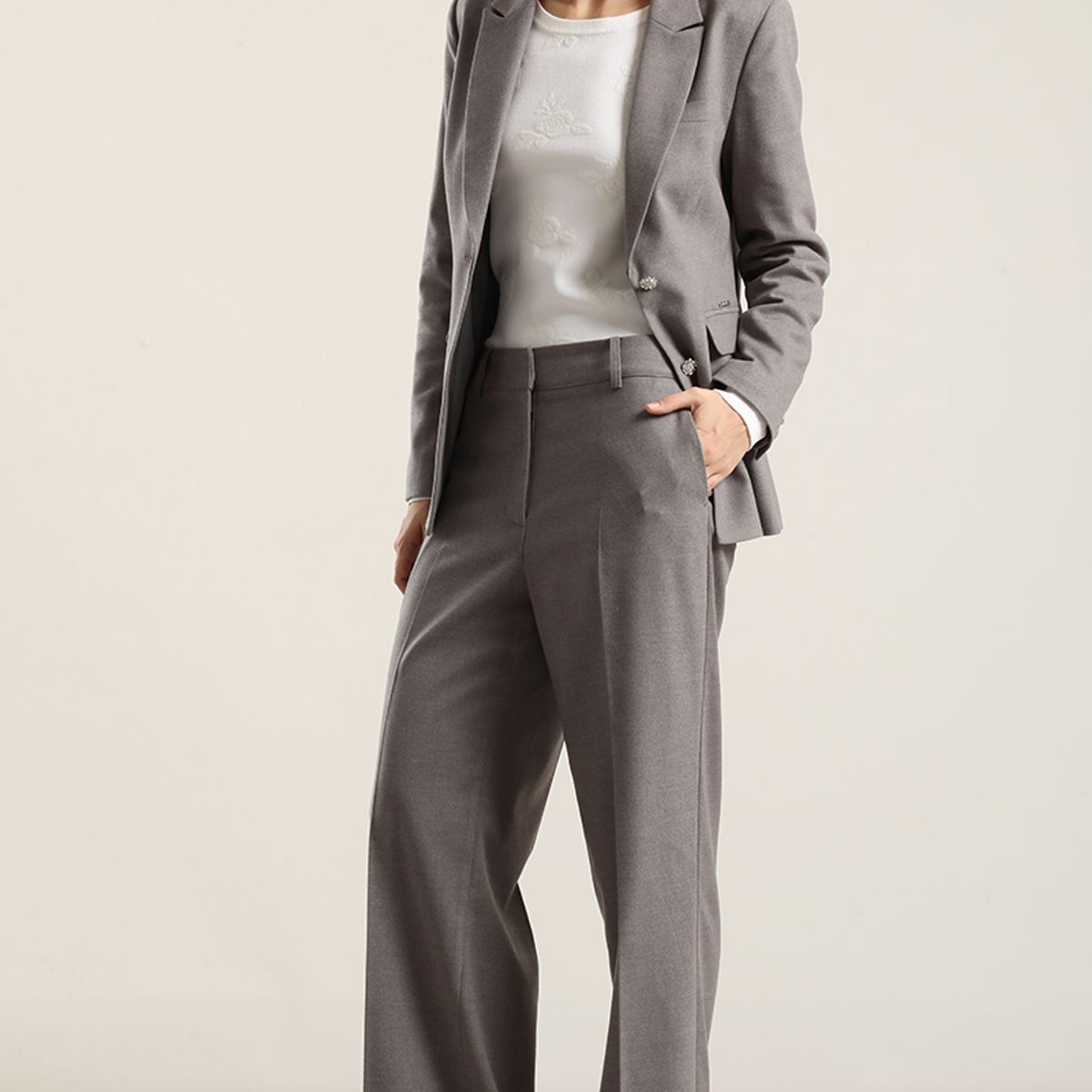LIOLA - Pantalon Ancho, Tiro Alto, Gris Liola