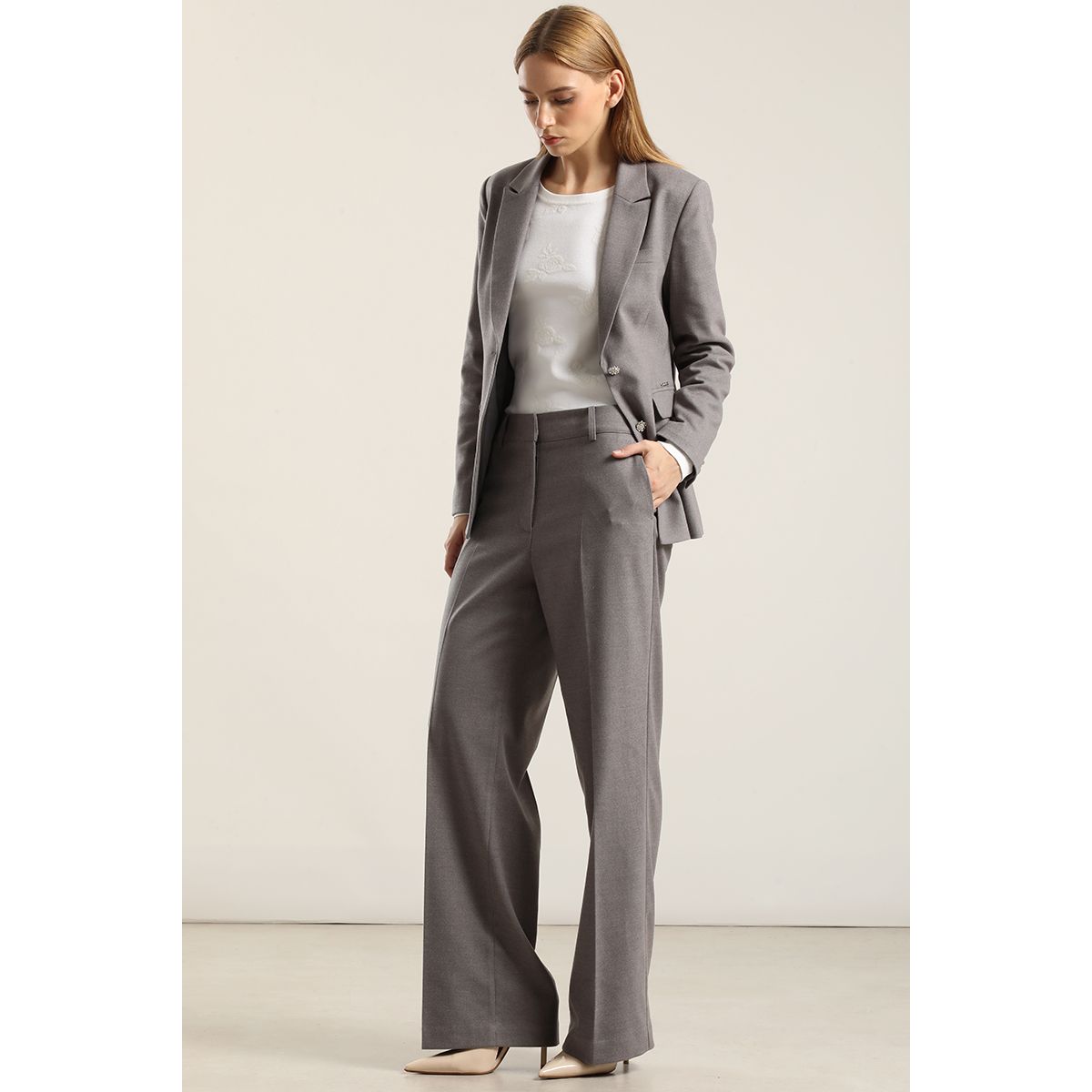 LIOLA - Pantalon Ancho, Tiro Alto, Gris Liola