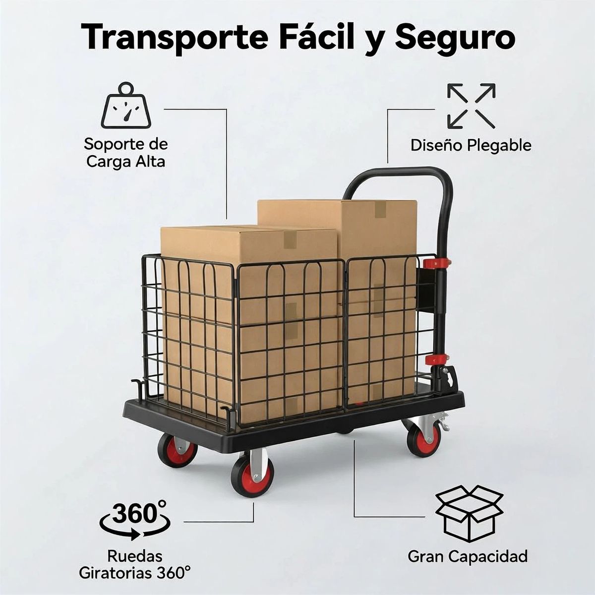 IDEEHOUSE - Carro Carga Yegua Plegable Plataforma Jaula 4 Ruedas Negro