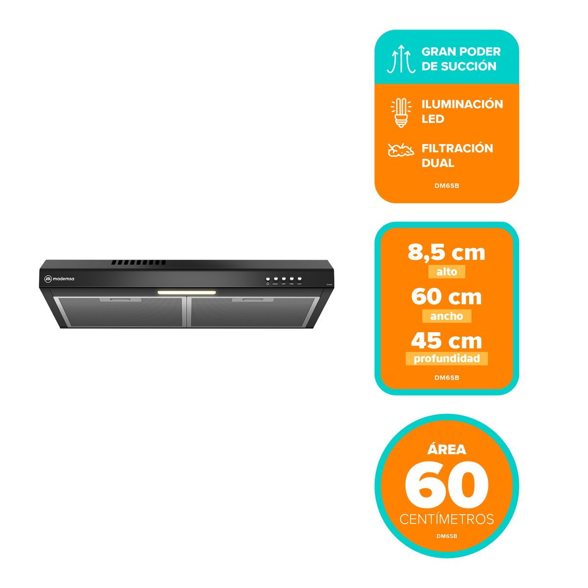 MADEMSA - Campana de Cocina Extractora 60cm Gran Poder Succión DM6SB