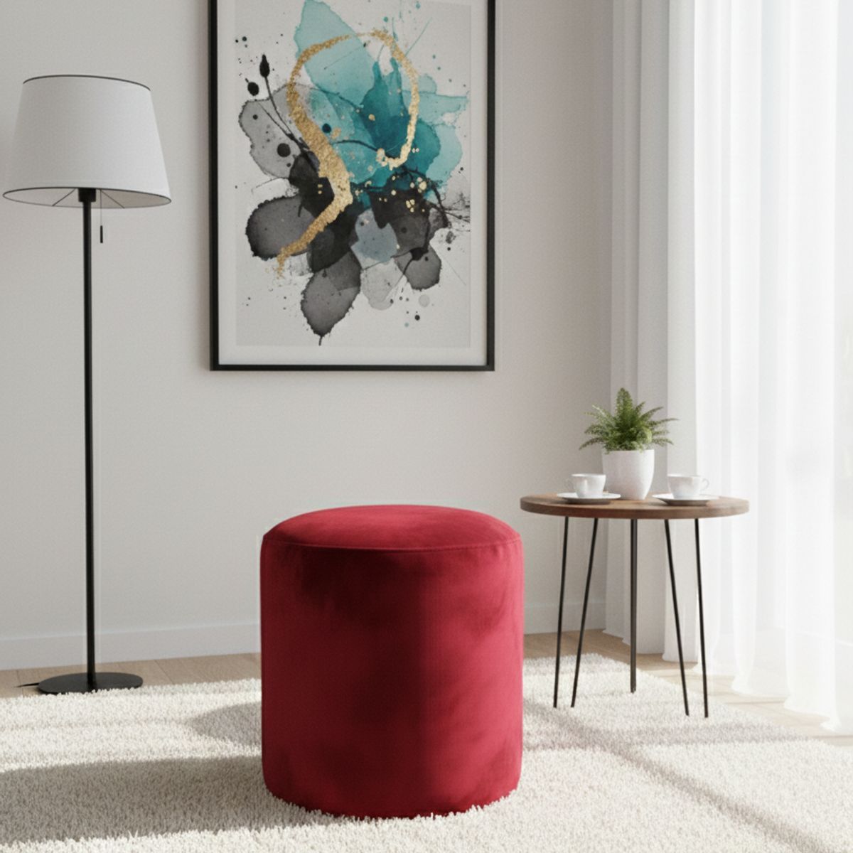 MUEBLES NEW - PUFF REDONDO ROJO FELPA